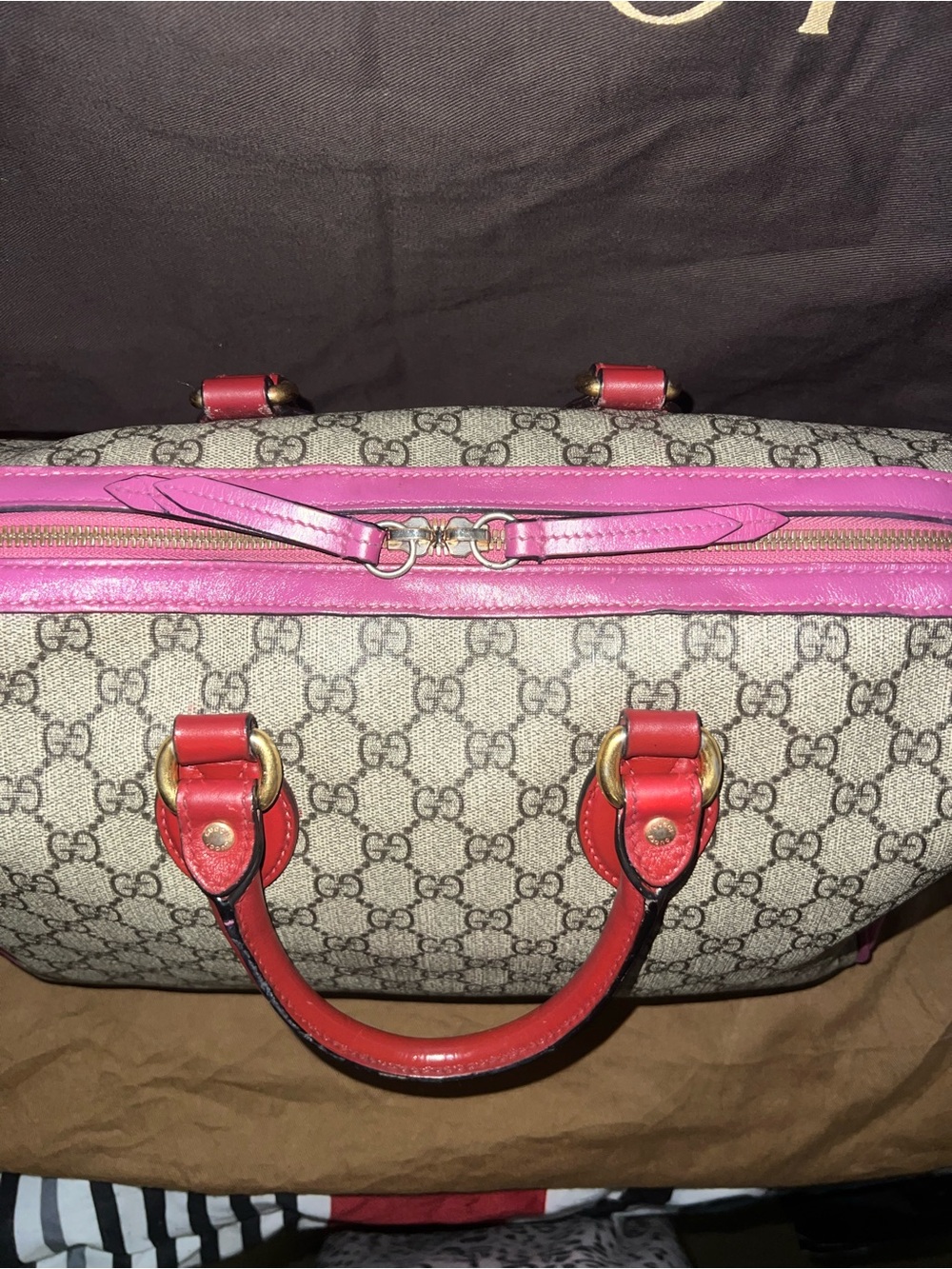 Gucci Beige GG Canvas Satchel with Pink Trim and Red 35 with strap - Picture 4 of 15